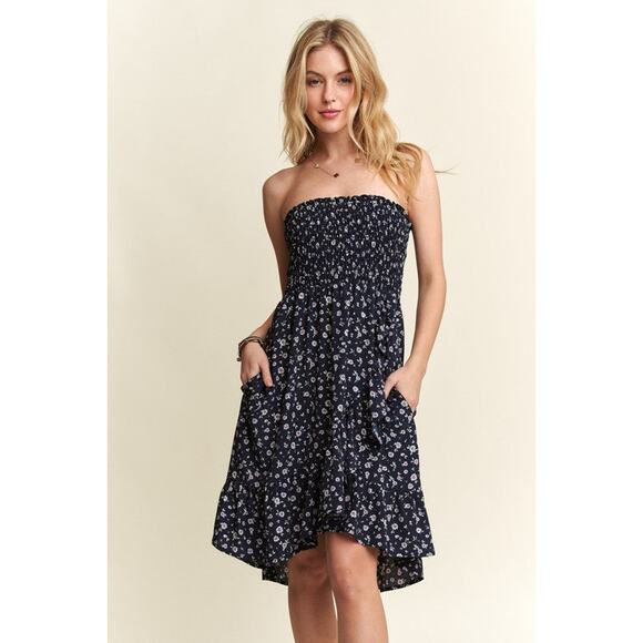 ADORA Smocked Floral Pattern Side Pockets High-Low Hem Tube Midi Dress | Navy - Picture 2 of 7
